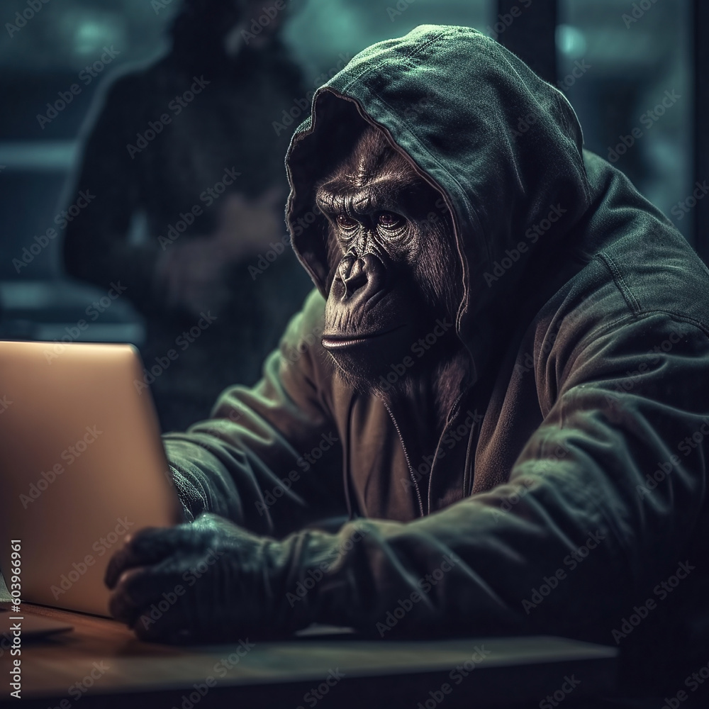 Image of gorilla dressed in a hoodie sitting in a bar and working on the laptop. Anthropomorphism