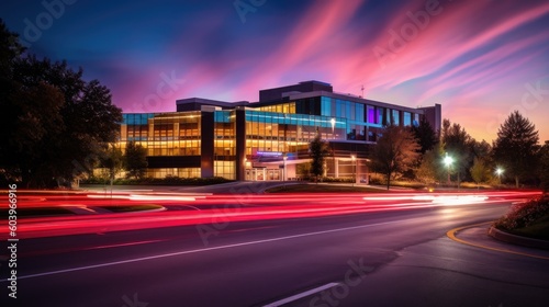 Hospital building at night, with the warm glow of lights shining through the windows. Long exposure. Generative AI © piai