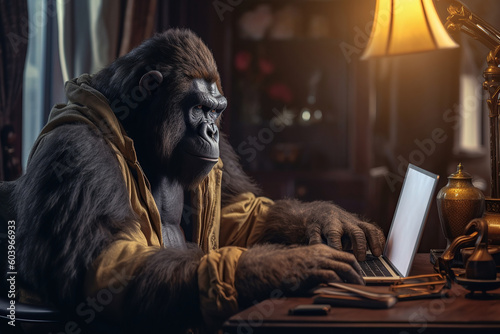 Image of business gorilla dressed in a suit sitting in armchair in office and working on the laptop. Anthropomorphism