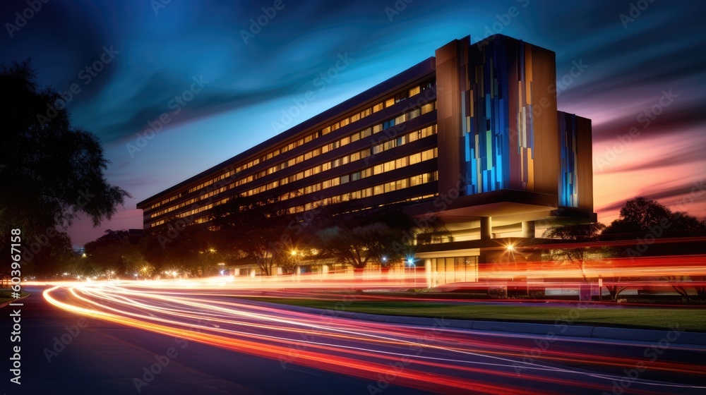 Hospital building at night, with the warm glow of lights shining through the windows. Long exposure. Generative AI