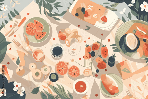 Outdoor Picnic Illustration Charcuterie Board Slow Living Dining 