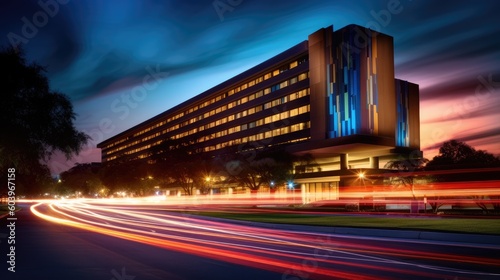 Hospital building at night, with the warm glow of lights shining through the windows. Long exposure. Generative AI