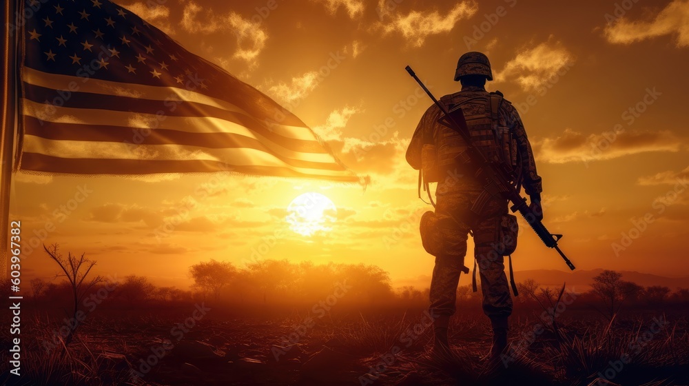 Illustration for Independence Day of the United States, July 4th - Soldier with American flag under a beautiful sun. Generative AI Illustration for Independence Day of the United States, July 4th - Soldier with American flag under a beautiful sun. Generative AI