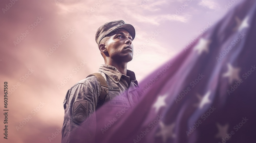 Illustration for Independence Day of the United States, July 4th - Soldier with American flag under a beautiful sun. Generative AI Illustration for Independence Day of the United States, July 4th - Soldier with American flag under a beautiful sun. Generative AI