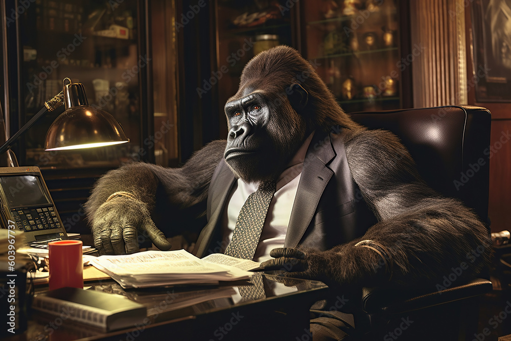 Image of business gorilla dressed in a suit sitting in armchair and working in office. Anthropomorphism