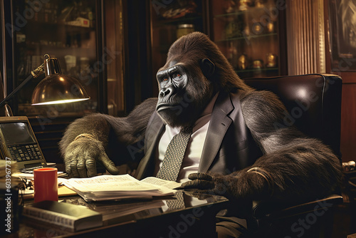 Image of business gorilla dressed in a suit sitting in armchair and working in office. Anthropomorphism © Stock Rocket