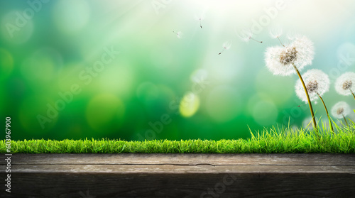 Dandelion weed seeds blowing across a spring garden of a green grass lawn with a wooden bench to display products with a bright sunny background