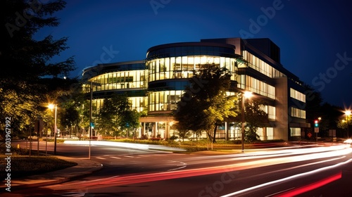 Hospital building at night, with the warm glow of lights shining through the windows. Long exposure. Generative AI