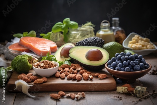 Principles and rules of a healthy lifestyle with proper nutrition, balanced  diet, vegetarian, vegetables fruits keto , ketosis ketones, Ketogenic diet, food low carbs products anti-age. Generative AI
