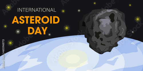 Asteroid streaking through space to earth. Space and stars in the background. International asteroid day. asteroid vector illustration. Planetoid is flying in the cosmic space