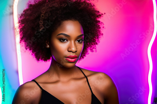 A woman with an afro standing in front of a neon background