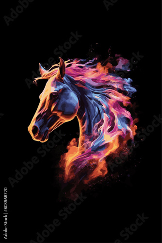 The vector illustration portrays a magnificent horse. Watercolor horse with a black background. © Spacemid