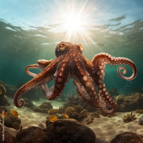 Octopus is underwater. Beautiful illustration picture. Generative AI