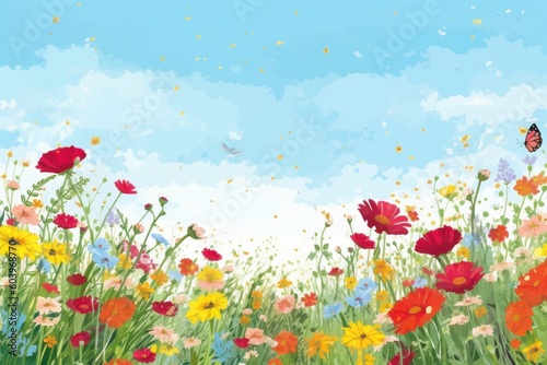 Meadow with flowers at spring time. Beautiful illustration picture. Generative AI © standret