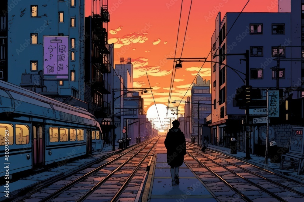 Lone man. Lo-fi comic city. Beautiful illustration picture. Generative AI
