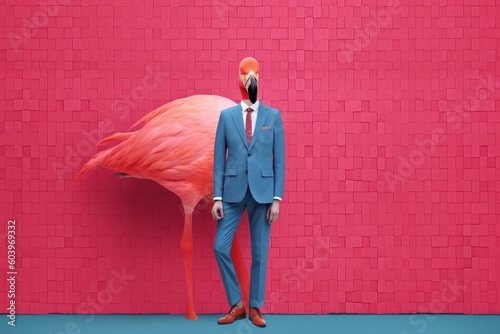 Flamingo in suit and tie. Beautiful illustration picture. Generative AI