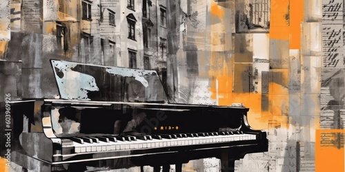Piano on the street. Contemporary art collage. Beautiful illustration picture. Generative AI