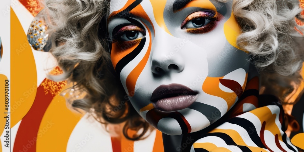 Yellow, blue and orange colored lines on woman's face. Beautiful illustration picture. Generative AI