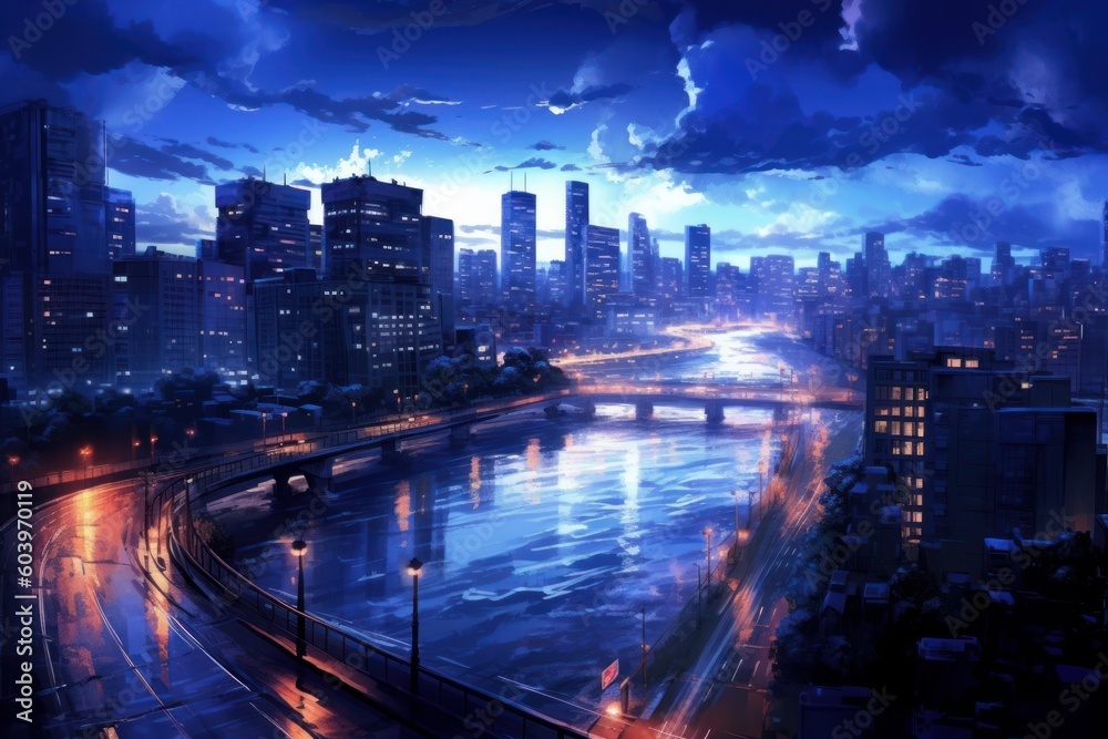 Aerial view of city, nightcore style. Beautiful illustration picture. Generative AI