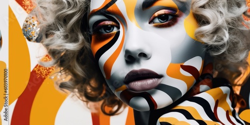 Yellow  blue and orange colored lines on woman s face. Beautiful illustration picture. Generative AI
