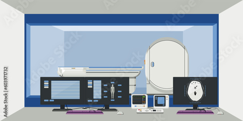 Room, MRI machine, high-intensity magnetic resonance imaging to produce realistic images of internal organs different parts of body, especially the brain, heart, bones, muscles In the laboratory