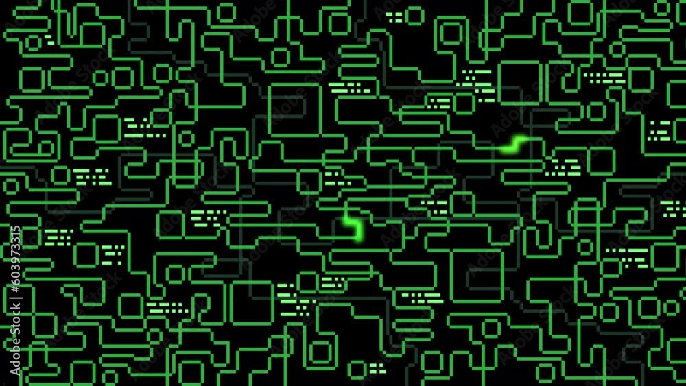 Maze, labyrinth. Laser ray path background with dynamic glowing neon line. Animation of the graphic snake video game. Pixel game, pixel art 8 bit background. Maze, labyrinth. Laser ray path background with dynamic glowing neon line. Animation of the graphic snake video game. Pixel game, pixel art 8 bit background.