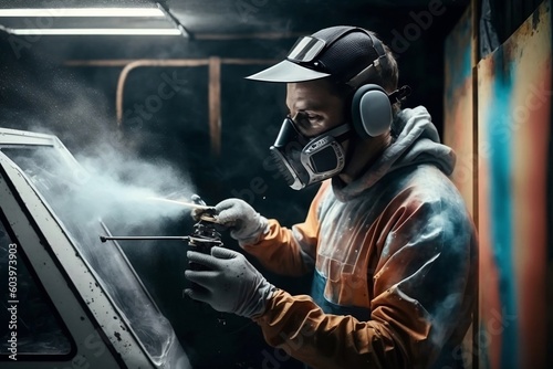 Car Painter in Action Spraying Paint in Painting Chamber. AI