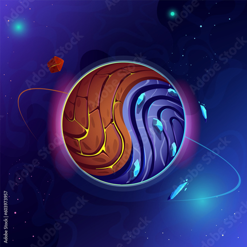 Red blue planet, fire and ice. Half of the planet is made of stone and lava, the other half is made of water, ice and crystals. Asteroids,sSpace, galaxy, nebula. Sci-fi cartoon. Vector illustration.
