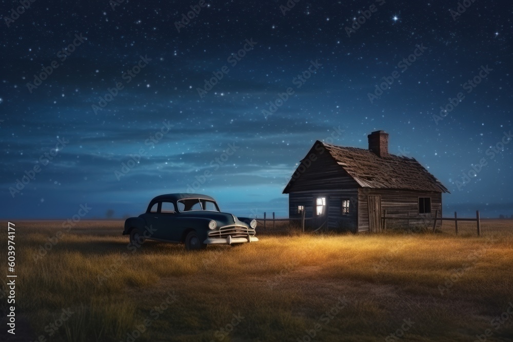 Old house on the field at night. Retro car. Beautiful illustration picture. Generative AI