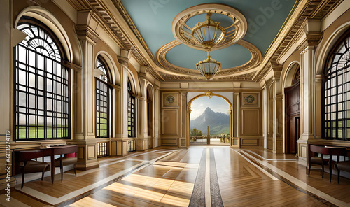 Wooden-Floored Palace Lobby, created using AI, A grand palace lobby with intricate flooring, elegant windows, and impressive architecture offers a stunning built structure indoors.
