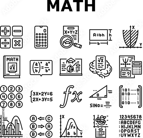 math education school science icons set vector. mathematics algebra, geometry formula, knowledge graphic, mathematical equation math education school science black contour illustrations