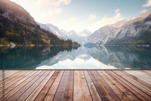 Wooden dock on the lake surrounded by a beautiful mountains, Generative AI © Aleksandr Bryliaev