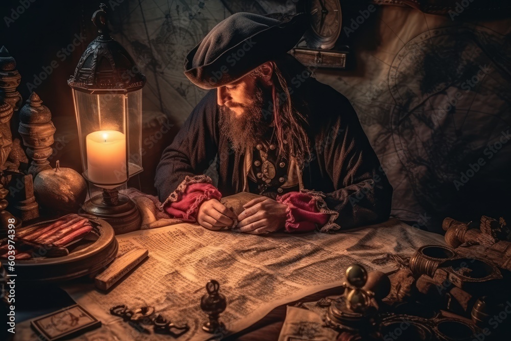 Pirate captain looking down on the map. Beautiful illustration picture. Generative AI