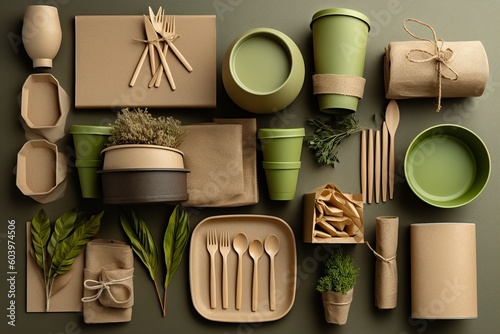 Discover the perfect ensemble of eco-friendly tableware and food packaging in this meticulously arranged flat lay composition