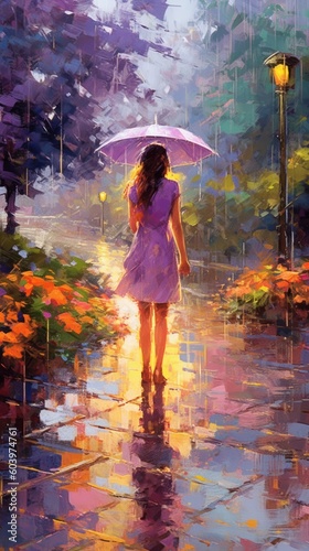 Woman with umbrella. Realistic image of rain and purple flowers. Beautiful illustration picture. Generative AI
