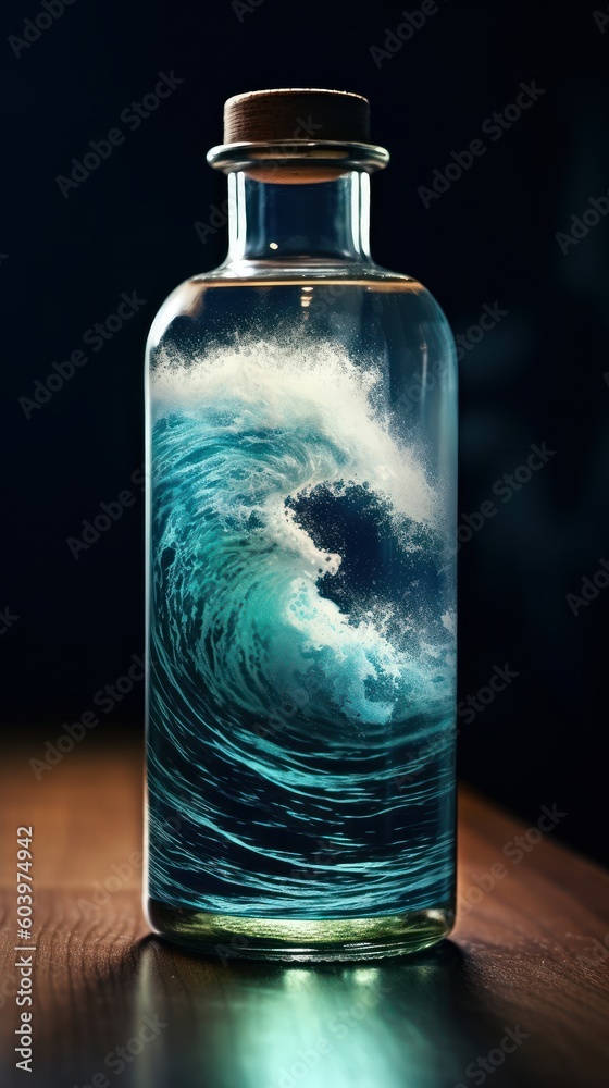 Stormy ocean in the glass bottle. Beautiful illustration picture. Generative AI Stormy ocean in the glass bottle. Beautiful illustration picture. Generative AI