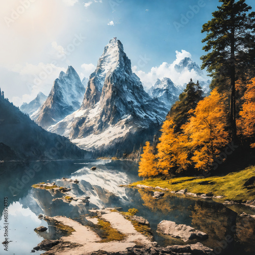 Lake and the mountains. Peaceful landscape scene. Generative AI.