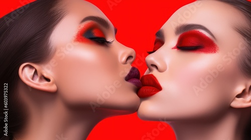 Red lips. Two women are kissing. Beautiful illustration picture. Generative AI