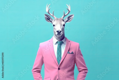 Hipster deer with human's body in the colorful fashionable clothes. Beautiful illustration picture. Generative AI