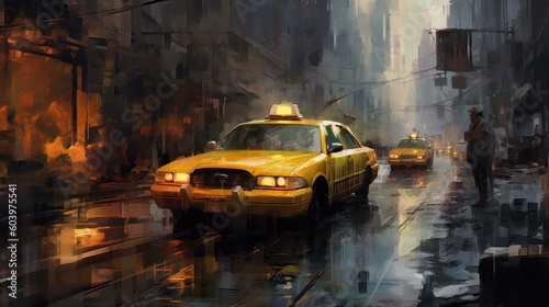 Yellow taxi car painting in the city on road. Beautiful illustration picture. Generative AI photo