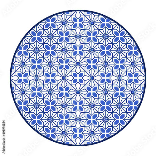 Porcelain plate with traditional blue on white design in Asian style. design pattern for background, plate, dish, bowl, lid, tray, salver, vector illustration art embroidery. star flower and haxagon.