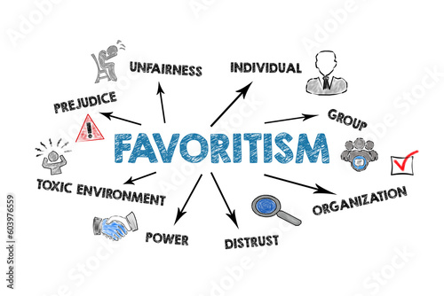 Favoritism Concept. iIllustration with arrows, keywords and icons on a white background