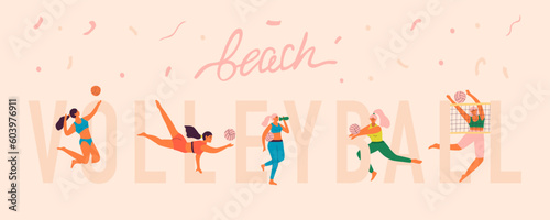 Beach volleyball players in dynamic poses and lettering beach volleyball. Volleyball banner concept for professional or amateur school. Vector illustration of summer hawaiian banner.