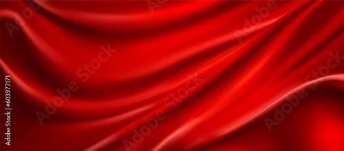 Realistic red silk top view vector background. Elegant and soft royal backdrop of shine flowing surface. Red luxurious background design. Vector illustration
