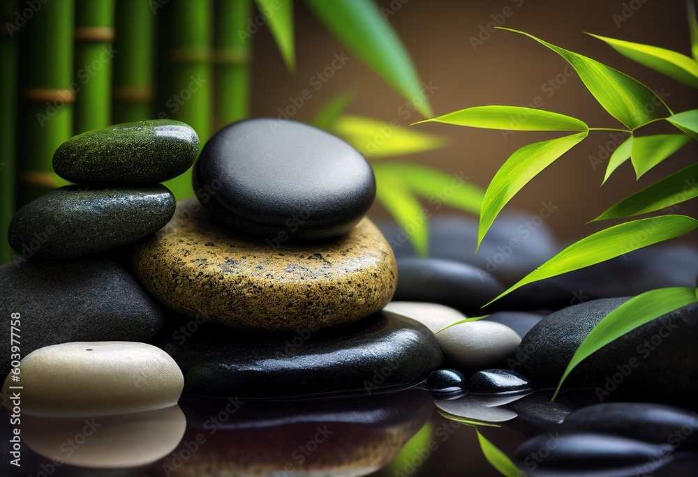Bamboo and stones in a wellness spa. Spa still life with bamboo fountain and zen stone Generative AI. Bamboo and stones in a wellness spa. Spa still life with bamboo fountain and zen stone Generative AI.