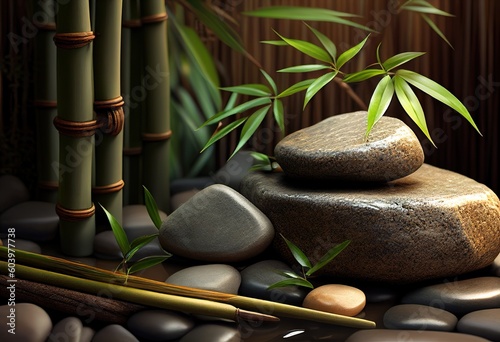 Bamboo and stones in a wellness spa. Spa still life with bamboo fountain and zen stone Generative AI.