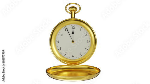 Golden vintage pocket watch with cover lid isolated on transparent background. Clock concept. 3D render