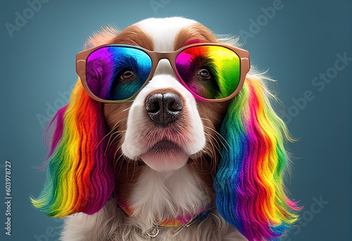 Cartoon colorful dog with sunglasses on blue background. Generative AI. © Yaroslav