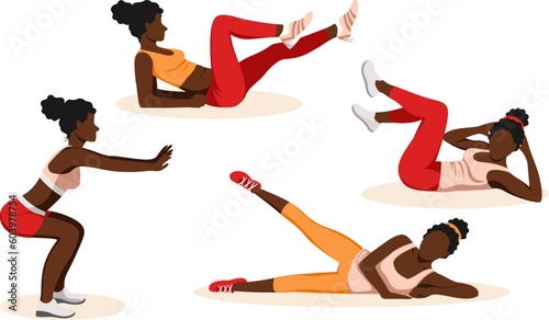 Set of vector illustrations of dark-skinned girls doing different sports exercises on a white background. The concept of a healthy lifestyle, sports at home. Image for sports design, stickers, banners