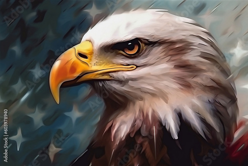 Closeup profile of North American bald eagle against USA flag. The 4th of July celebration. AI generative photo